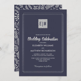 Navy blue | Silver Floral Wedding Kaart
