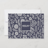 Navy blue | Silver Floral Wedding RSVP Kaartje (Voorkant)