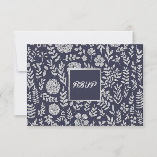 Navy blue | Silver Floral Wedding RSVP Kaartje (Voorkant)