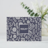 Navy blue | Silver Floral Wedding RSVP Kaartje (Staand voorkant)