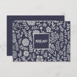 Navy blue | Silver Floral Wedding RSVP Kaartje