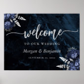 Navy Blue Silver Floral Wedding Welcome Poster (Voorkant)