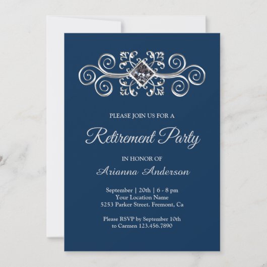 Navy Blue Silver Flourish Diamond Retirement Party Kaart (Voorkant)