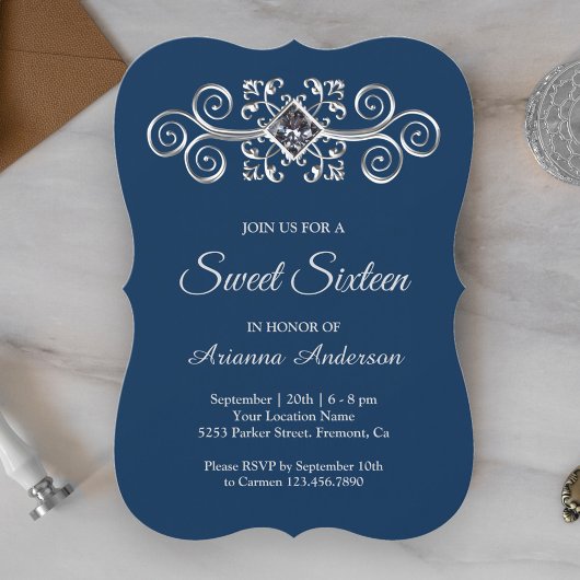 Navy Blue Silver Flourish Diamond Sweet Sixteen Kaart