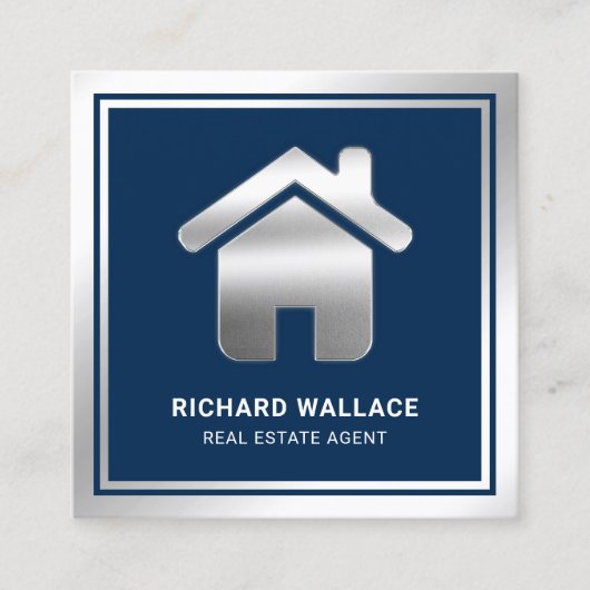 Navy Blue Silver Foil Home Logo Real Estate Agent Vierkante Visitekaartje (Voorkant)