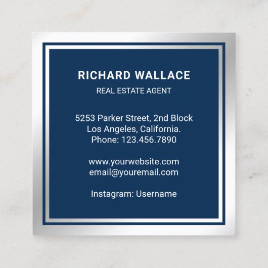 Navy Blue Silver Foil Home Logo Real Estate Agent Vierkante Visitekaartje (Achterkant)