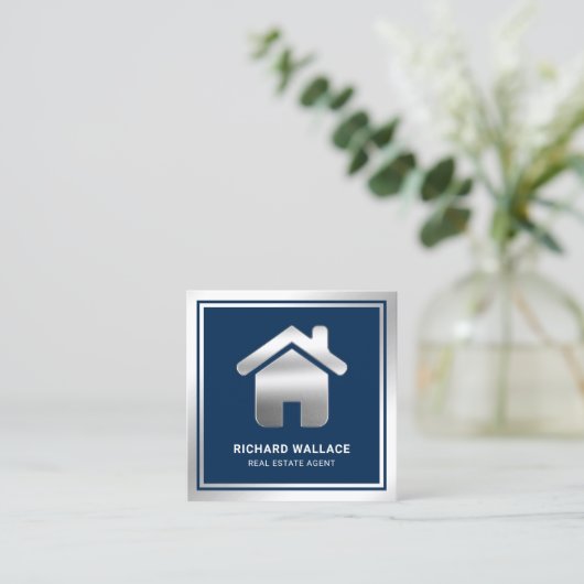Navy Blue Silver Foil Home Logo Real Estate Agent Vierkante Visitekaartje (Staand voorkant)