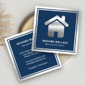 Navy Blue Silver Foil Home Logo Real Estate Agent Vierkante Visitekaartje