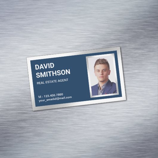 Navy Blue Silver Foil Real Estate Realtor Foto Magnetisch Visitekaartje (Voorbeeld)