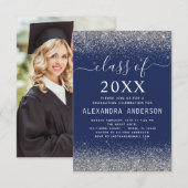 Navy Blue Silver Foto Afstuderen Klasse van 2024 Kaart (Voorkant / Achterkant)