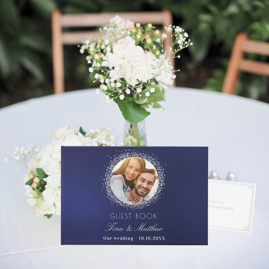 Navy Blue Silver-fotosparkles bruiloft Gastenboek