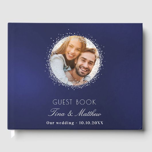 Navy Blue Silver-fotosparkles bruiloft Gastenboek (Voorkant)