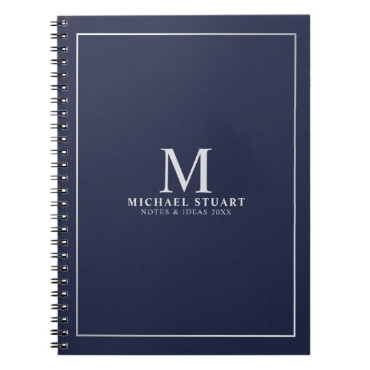 Navy Blue Silver - gepersonaliseerd monogram en na Notitieboek (Voorkant)