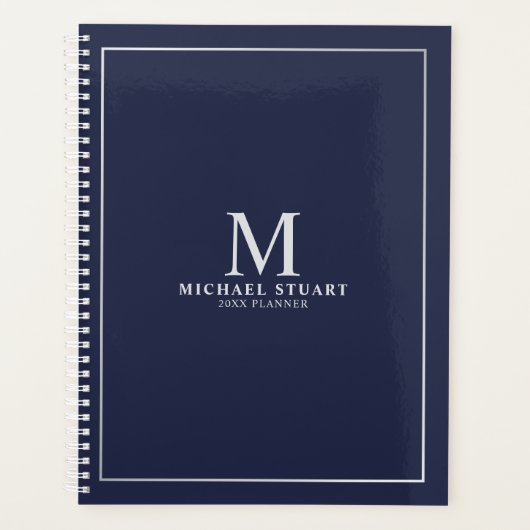 Navy Blue Silver - gepersonaliseerd monogram en na Planner (Voorkant)