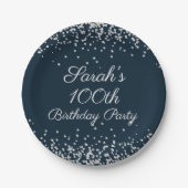 Navy Blue Silver Glitter 100th Birthday Party Papieren Bordje (Voorkant)