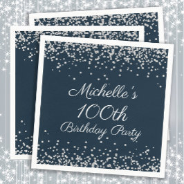 Navy Blue Silver Glitter 100th Birthday Party Servet
