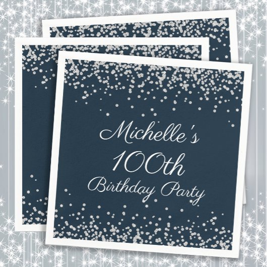 Navy Blue Silver Glitter 100th Birthday Party Servet
