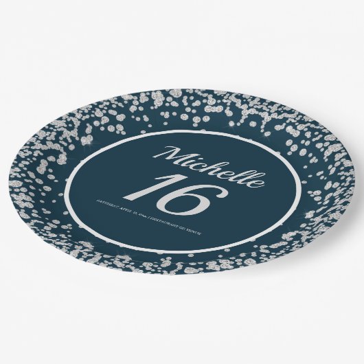 Navy Blue Silver Glitter 16th Birthday Papieren Bordje (Gekanteld)