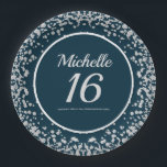 Navy Blue Silver Glitter 16th Birthday Papieren Bordje<br><div class="desc">Elegant marvy blue met zilveren diamanten glitter - tieners meisje's zestiende verjaardag / Sweet 16 verjaardagsfeestje op maat gesneden papieren borden voorzien van haar naam,  leeftijd,  feestdatum en locatie.</div>