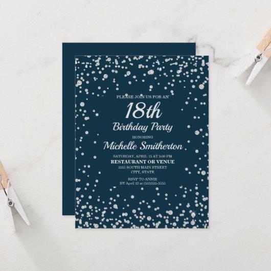 Navy Blue Silver Glitter 18th Birthday Kaart (Voorkant / Achterkant in situ)