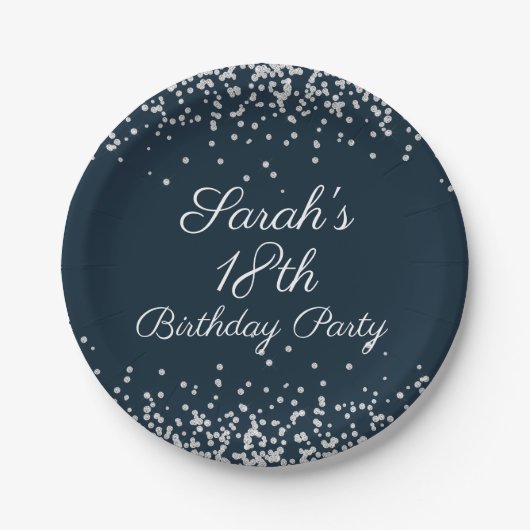 Navy Blue Silver Glitter 18th Birthday Party Papieren Bordje (Voorkant)