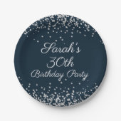 Navy Blue Silver Glitter 30th Birthday Party Papieren Bordje (Voorkant)
