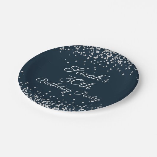 Navy Blue Silver Glitter 30th Birthday Party Papieren Bordje (Gekanteld)