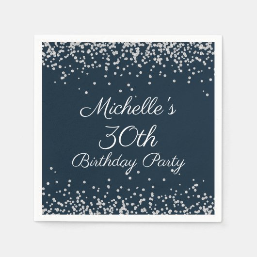Navy Blue Silver Glitter 30th Birthday Party Servet (Voorkant)
