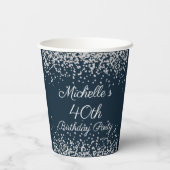 Navy Blue Silver Glitter 40th Birthday Party Papieren Bekers (Achterkant)