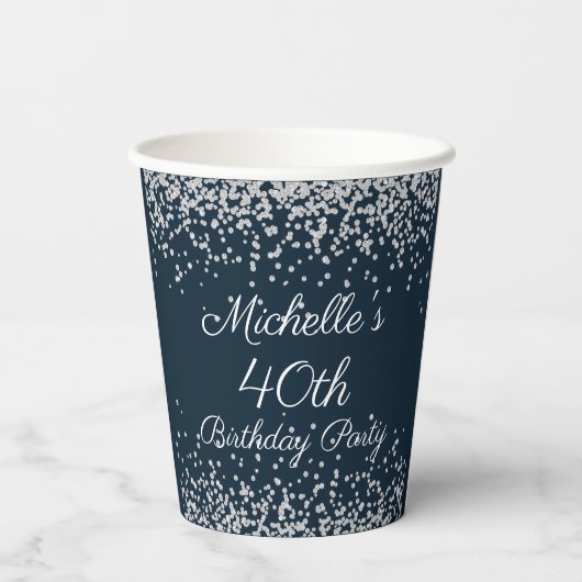 Navy Blue Silver Glitter 40th Birthday Party Papieren Bekers (Achterkant)