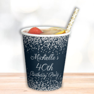 Navy Blue Silver Glitter 40th Birthday Party Papieren Bekers