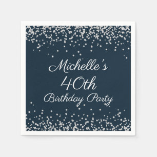 Navy Blue Silver Glitter 40th Birthday Party Servet