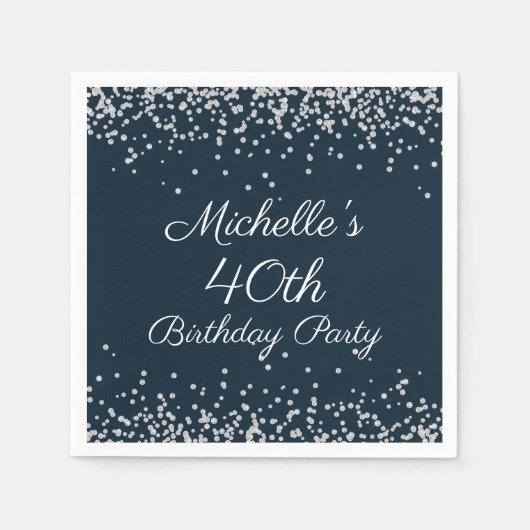 Navy Blue Silver Glitter 40th Birthday Party Servet (Voorkant)