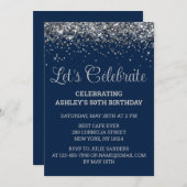 Navy Blue & Silver Glitter 50th Birthday Party Kaart (Voorkant / Achterkant)