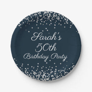 Navy Blue Silver Glitter 50th Birthday Party Papieren Bordje