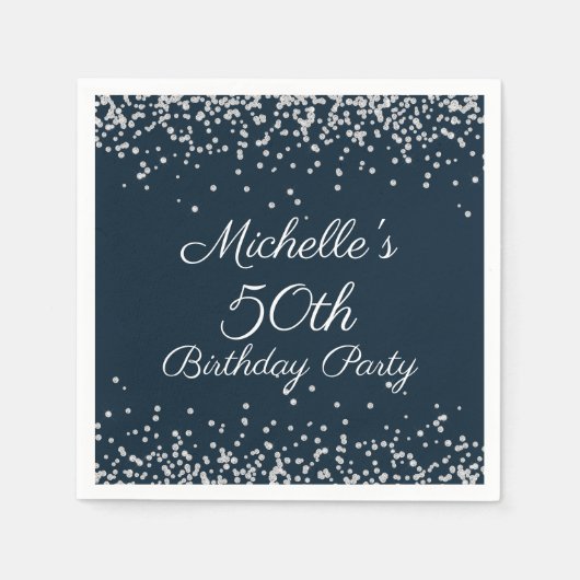 Navy Blue Silver Glitter 50th Birthday Party Servet (Voorkant)