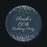 Navy Blue Silver Glitter 60th Birthday Party Papieren Bordje<br><div class="desc">Elegant marvy blue met zilveren glitter borden van 60ste verjaardagsfeestje,  gepersonaliseerd met een naam. Neem contact met ons op voor hulp bij aanpassingen of overeenkomende producten.</div>