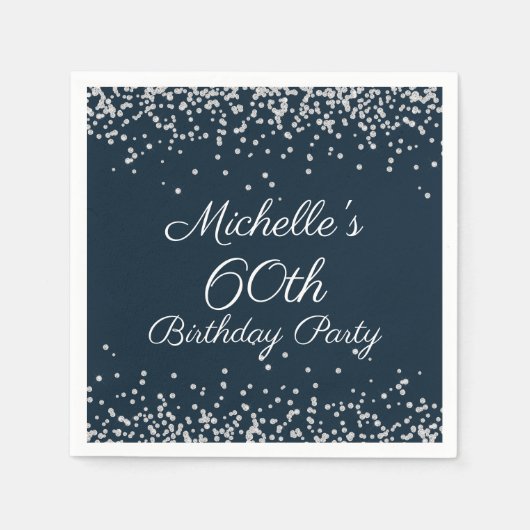 Navy Blue Silver Glitter 60th Birthday Party Servet (Voorkant)