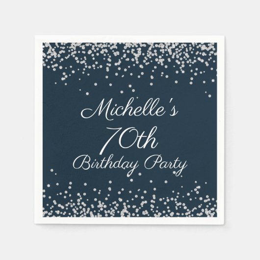 Navy Blue Silver Glitter 70th Birthday Party Servet (Voorkant)