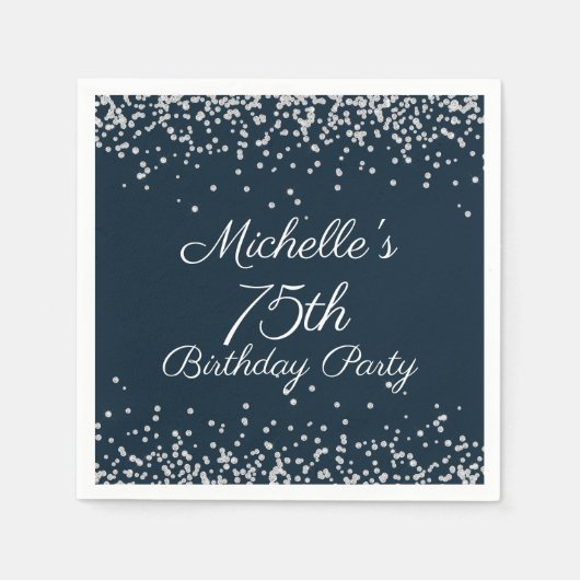Navy Blue Silver Glitter 75th Birthday Party Servet (Voorkant)