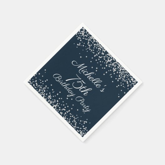 Navy Blue Silver Glitter 75th Birthday Party Servet (Hoek)