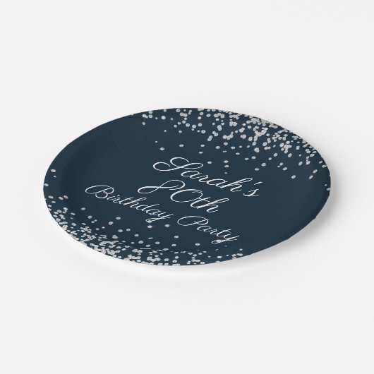 Navy Blue Silver Glitter 80th Birthday Party Papieren Bordje (Gekanteld)