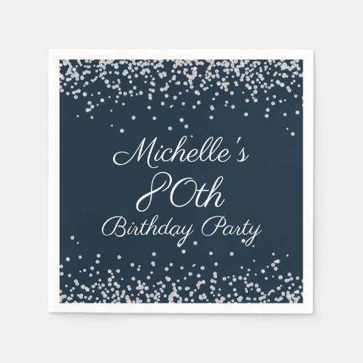 Navy Blue Silver Glitter 80th Birthday Party Servet (Voorkant)