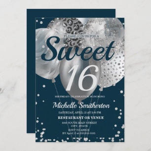Navy Blue Silver Glitter Ballon Sweet 16 Birthday Kaart