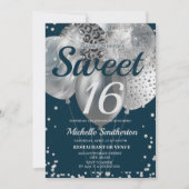 Navy Blue Silver Glitter Ballon Sweet 16 Birthday Kaart (Voorkant)