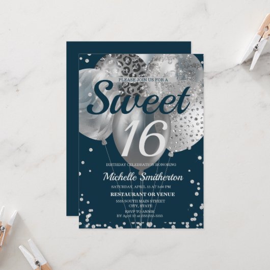 Navy Blue Silver Glitter Ballon Sweet 16 Birthday Kaart (Voorkant / Achterkant in situ)