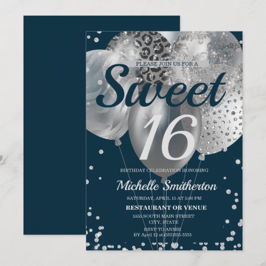 Navy Blue Silver Glitter Ballon Sweet 16 Birthday Kaart (Voorkant / Achterkant)