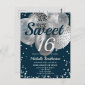 Navy Blue Silver Glitter Balloons Sweet 16 Briefkaart (Voorkant / Achterkant)