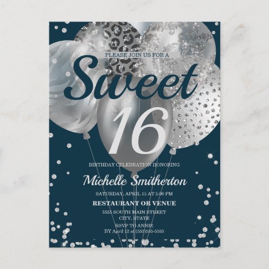 Navy Blue Silver Glitter Balloons Sweet 16 Briefkaart (Voorkant)