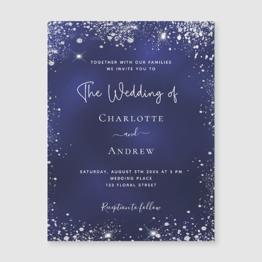 Navy blue Silver Glitter bruiloft nodigmagneet uit (Voorkant)